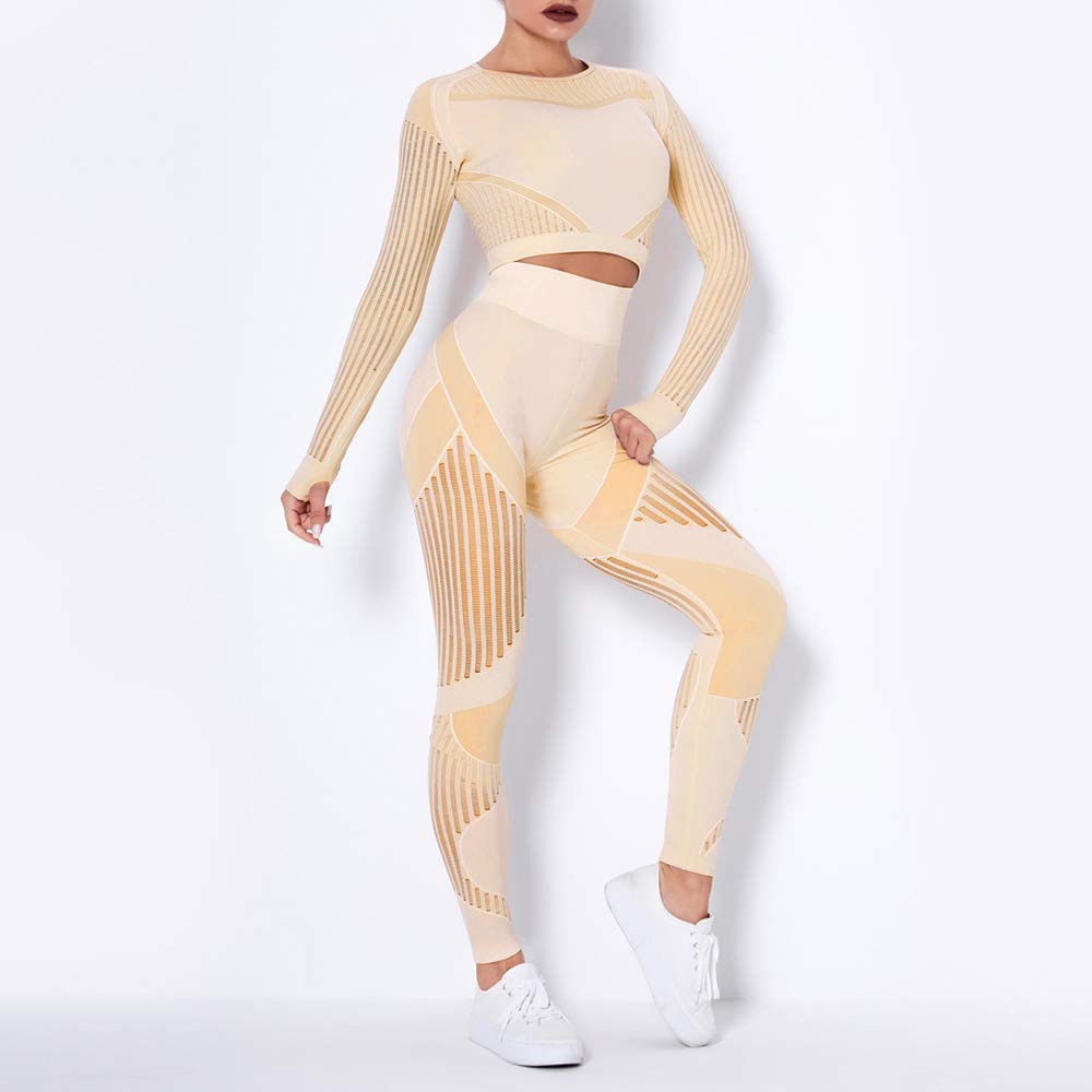 Women Two Piece Yoga Set Crop Long Sleeve High Waist Bodycon Hollow Out Striped Sports Top Leggings Workout Fitness Outfit-image-40