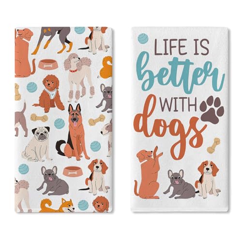 Croar Life is Better with Dogs Kitchen Dish Towels Set of 2