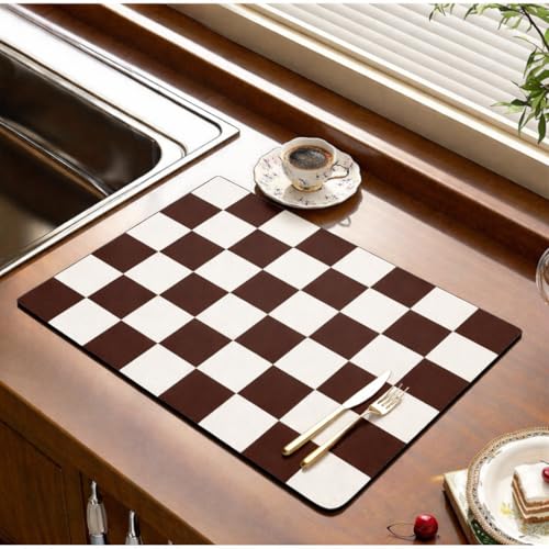 Image of HomeCloud Dish Drying Mat for Kitchen Counter Hide Stain Super Absorbent, Non-Slip, Heat-Resistant, Great for Dishes,Rack Pad, Kitchen Counter, Coffee Maker, Coffee Item (Chess D.Brown, 50X40cm)