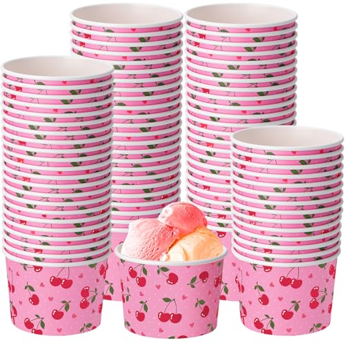Funnymoom 50 Pack Cherry Treat Snack Cups Red Cherry Heart Ice Cream Paper Cups 9 oz Fruit Disposable Dessert Bowls for Hot or Cold Food Summer Sweet First Birthday Baby Shower Party Supplies