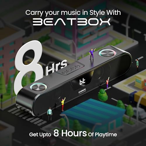 Image of HAMMER Beatbox Bluetooth Soundbar 24W Output, RGB Lights, AUX, USB, TF Card & TWS Connectivity, Upto 8Hr Playtime, 52mm Drivers, Easy to Carry, BT Speaker for TV, Mobile, PC, Laptops, Tablets (Black)