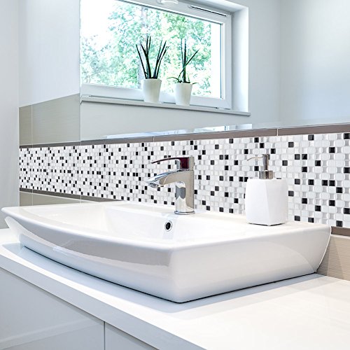 Faronze Kitchen Mosaic Wall Tiles Peel And Stick Self-Adhesive Diy Backsplash Stick-On Vinyl Wall Tiles For Kitchen And Bathroom 10" X 10" Each, 4 Sheets Pack (Black & White) #TOP3