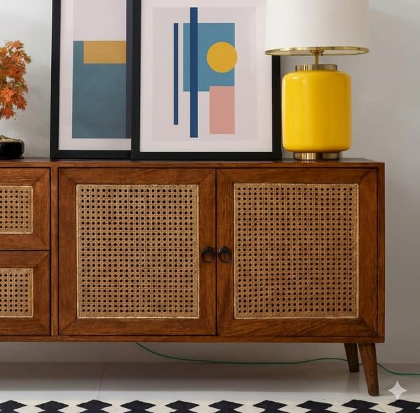 Image of Solid Sheesham Wood Sideboard Cabinet For Living Room | Wooden Cane Design Cabinet With 2 Drawers & 2 Door Storage | Mid Century Modern Sideboard For Hallway, Office, & Lounge | Natural Finish