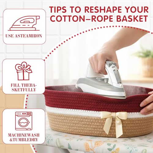 Image of Colingmill 1 Set Woven Basket for Gift Empty with Cellophane Wrap Set 14 x 10 x 5.5 Inch, Medium Decorative Gift Basket Empty to Fill, Cotton Rope Storage Box Decor (Brick Red Khaki)
