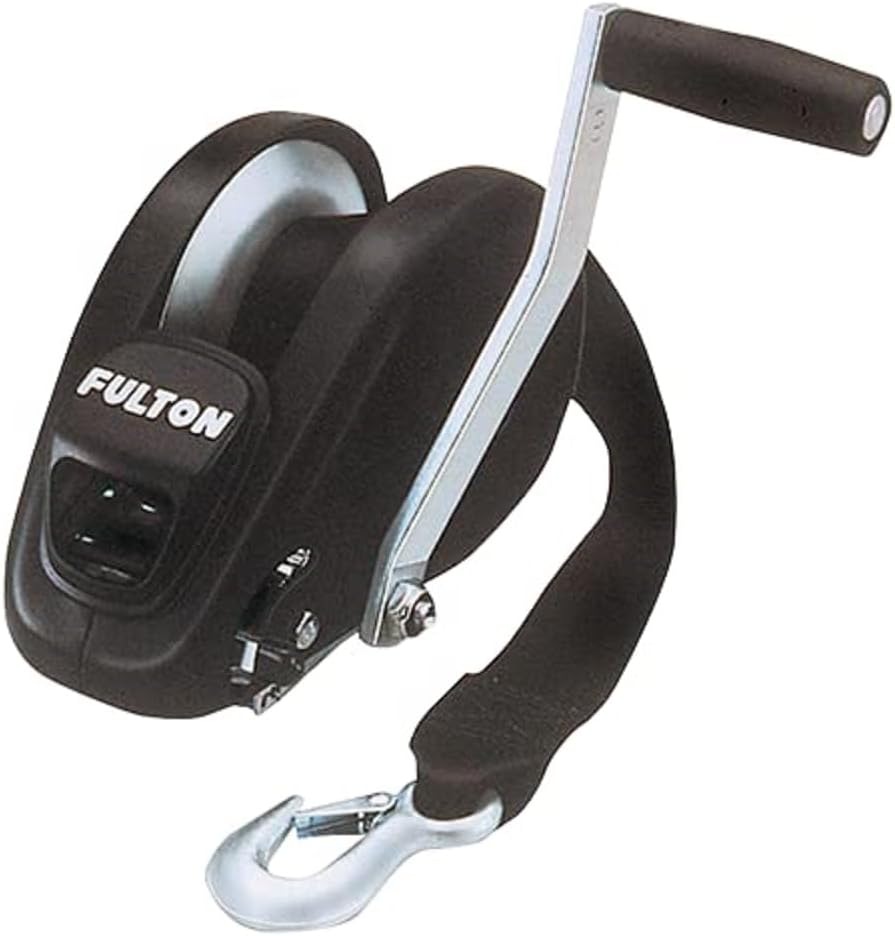 Fulton 142316 XLT Marine Trailer Winch, Single-Speed, 1,800 lbs. Capacity, 20 Foot Strap, 8 Inch Handle, Black Cover