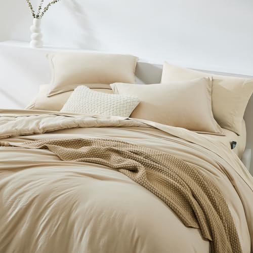 Image of King Size Comforter Set- 7 Pieces Prewashed Bed in a Bag King Bedding Sets | Soft All Season Comforter with Sheets, Pillow Shams & Pillowcases, Beige