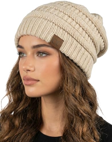 Funky Junque Skull Cap Beanie for Women – Womens Winter Hat Slouchy Style, Warm Soft Unisex Knit Hats, Trendy Beanies for Ladies, Mens Toboggan Cold Weather - Beige