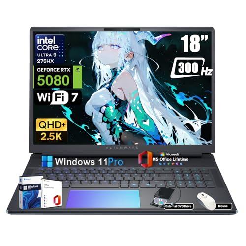 Alienware 18 Area-51 Gaming-Notebook Intel Ultra 9 275HX (24 Kerne bis zu 5 4 GHz) RTX 5080 GDDR7 18 Zoll 2 5K QHD+ 300 Hz mit DVD-Laufwerk Win 11 Pro Akkulaufzeit