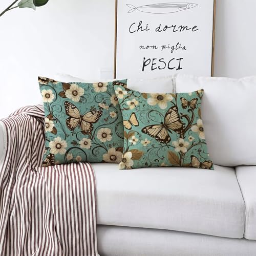 Housse de coussin 55x55cm lin motif papillon avec fermeture invisible