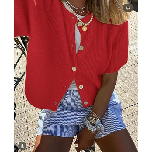 Image of Women Y2k Knitted Crop Cardigan Shirt Short Sleeve Button Down Ribbed Knit Crop Top Outwear Top Tee Shirt