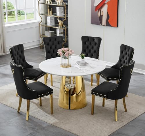 Image of 7-Piece Round Dining Table Set for 6, Modern Faux Marble Kitchen Table and Black Velvet Chairs Set of 6, Luxury 45 inch Circle White Gold Dining Room Tables with Stainless Steel Base