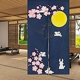 LIGICKY Noren Doorway Curtain Japanese Style Rabbit Cherryblossom Full Moon Printed Cotton Linen Window Treatment Door Tapestry for Home Decoration 33.5" Width x 59" Long,Navy Blue