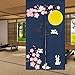 LIGICKY Rideau de porte en lin épais style japonais - Style noren - 85 x 150 cm - Bleu - Fleurs de cerisier - Lune et lapin