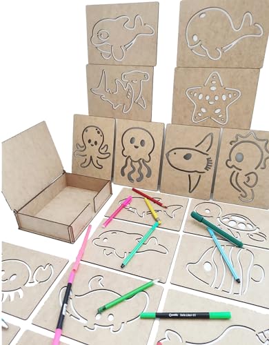 Image of Cliths 18-Piece Montessori Sea Ocean Animals Stencil Set - Wooden Toys for Skill Development and Learning