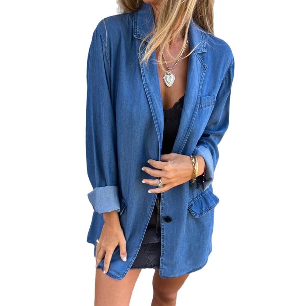 Denim Blazer for Women Oversized Jean Jacket Business Casual Button Down Long Sleeve Jackets Blazers Shacket Coats