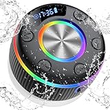 Bluetooth Shower Speaker, 2026 Portable Speaker with Suction Cup, IP7 Waterproof Speakers with 360° Stereo Bass, 8H Playtime, Time Display, RGB Lights, Bulit-in Mic, Time Display for Bathroom, Travel