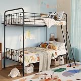 SHA CERLIN Convertible Twin Over Twin Bunk Bed, CPC Certified, Victorian Iron-Art Headboard and Footboard,Space-Saving Metal Bunk Bed with Guardrail & Ladder, No Box Spring Needed, Black