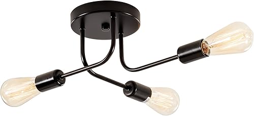 Lámpara de techo industrial semi empotrada con 3 luces de techo con ramas de metal ajustables, soporte E26, pintado en negro, para cocina, sala de