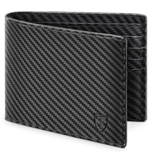 TEEHON Mens RFID Blocking Carbon Fibre Leather Wallet - Bi-Fold Card Wallet with 10 Card Slots, 2 ID Windows, 2 Cash Compartments - Black