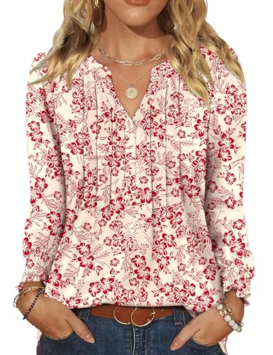LOMON Womens Tops Dressy Casual Pleated Ruffle Long Sleeve Tunics Tops to Wear with Leggings V Neck Work Blouse