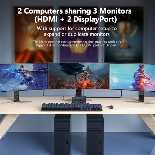 Potrójne monitory KVM Switch DisplayPort HDMI 3 porty 8K 60 Hz 4K 144 Hz Extended Display,KVM Switch 2 PC 3 monitory, przełączniki KVM z 4 portami USB 3.0 do klawiatury, myszy, dysków U i drukarek