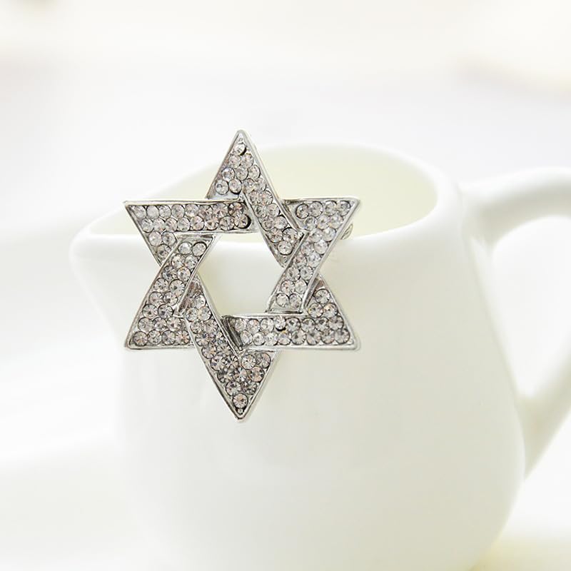 Image of Star of David Brooch Pin Full Crystal Gold /Silver Star Lapel Pin Six Pointed Star Safty Pin Women Men Clothes Decorations