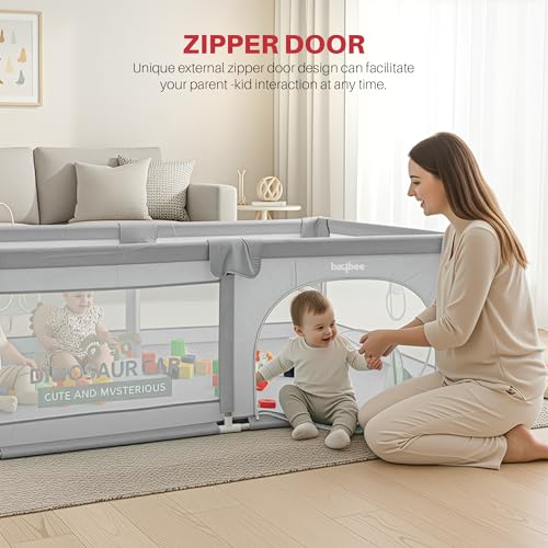 Image of Baybee JoyHub Kids Playpen for Babies | Baby Play Area Indoor Setup with Zipper Door & Toys Pouch | Kids Activity Playards with Corner Protection | Outdoor play pen for baby for 0 - 5 years Boys Girls (200 x 180 CM - Light Grey)
