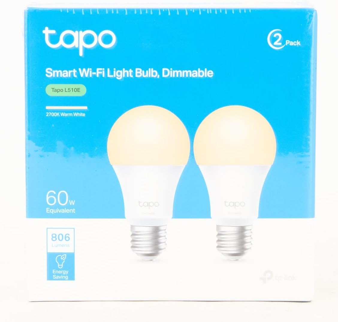 Tapo TAPOL510E2-PACK TP-Link Bombilla LED Inteligente, Bombilla WiFi sin necesidad de Hub, Regulable,E27, 8.7W/ 806lm, Compatible Alexa, Echo y Google Home, Blanco Cálido 2700k, 2 Unidad