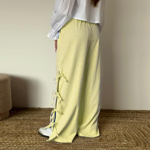 Image of Y2K Gingham Pants for Women Bow Tie Side Slit Wide Leg Lounge Bottom Plaid Checkered Loose Fit Going Out Pants