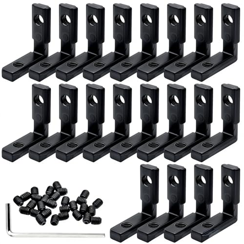 AYWFEY 20 conectores de extrusión de aluminio 2020 con 40 tornillos y llave, soporte de esquina negro ranura en T interior en forma de L ángulo de junta para perfil de aluminio extruido serie 20/20
