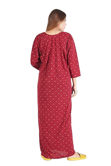 Image of Onekbhalo Women's- Full Sleeves-Feeding- Nursing- Maternity Nighty /Maxi /Gown /Nightdress /Nightwear- Hosiery Cotton Fabric- Floral Print- Embroidery with Zip