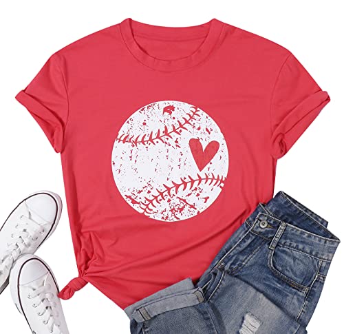 Baseball Shirt Women Baseball Heart Tee Shirts Baseball Mom Tshirt Game Day Casual Crew Neck Short Sleeve Tops