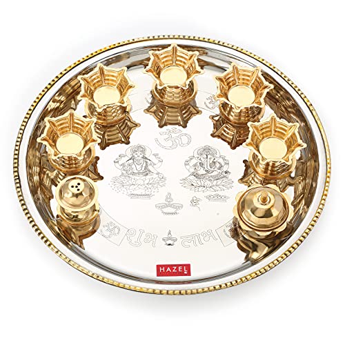 Image of HAZEL Stainless Steel Pooja Aarti Thali Set | Gold & Silver Finish | 28 cm Festive Thali with 5 Diyas & Incense Stand | Elegant Gift for Rituals