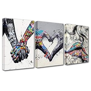 Banksy Graffiti schilderijen, Heart Love, Romantic Kiss, 3-delige prints op canvas, ingelijste woondecoratie, klaar om op te hangen, 105 x 50 cm (b x h)