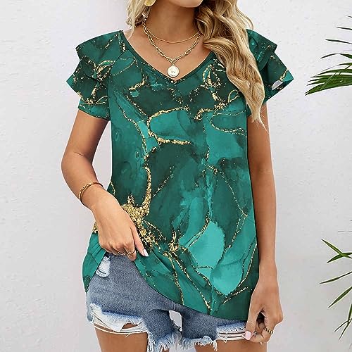 AMRANDOM Women's Casual Boho Floral Printed V Neck Tops Lotus Leaf Short Sleeve T Shirt Blouses2