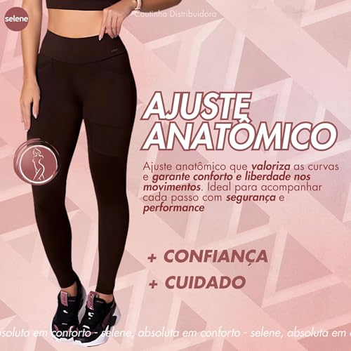 SELENE Legging Academia Com Bolso Zero Transparência Fitness, Café, M