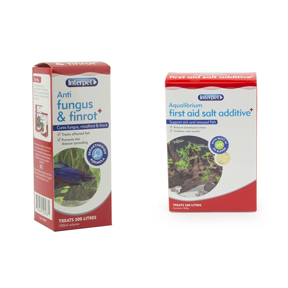 Interpet Anti Fungus and Finrot Aquarium Fish Treatment, 100 ml & Aqualibrium First Aid Salt Additive Tonic Treatment, Support Sick and Stressed Aquarium Fish, pH Buffer, 265 g