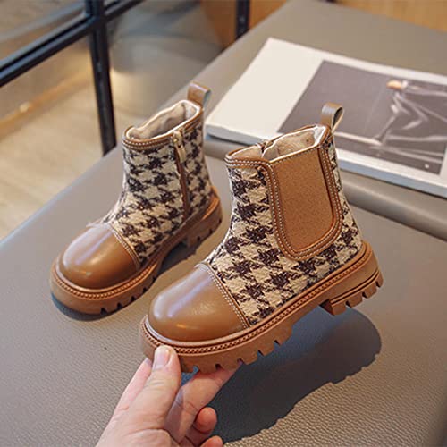 Girls Platform Lug Sole Winter Boots Ankle High Chunky Block Heel Non-Slip Leather Slip on Fashion Outdoor Booties (Khaki, 6-7 Years Little Child)4