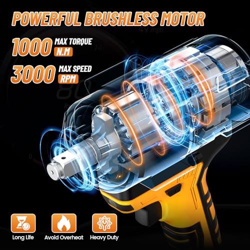 1/2 in. Cordless Impact Wrench 1000N.m(738ft-lbs), 21V Electric Power Impact Gun, 2x 4.0Ah Battery, Fast Charger & 5 Sockets, Brushless Motor with Variable Speed Trigger for Car/Truck RV/Tractor/Tire