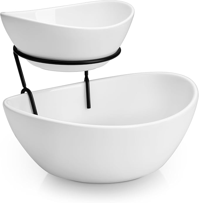 MALACASA 2 Tier Chip and Dip Serving Set with Metal Stand,Ceramic Appetizer Bowls for Party, Multi-Use Food Display for Fruits, Snacks,White Elegant Tiered Serving Dishes for Party