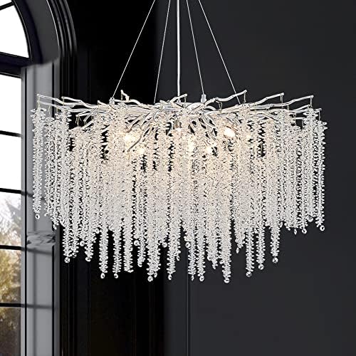 TMAFON Modern Silver Crystal Raindrop Chandelier - D31.5 Tree Branch Chandeliers, Luxury Ceiling Pendant Light Fixture for Dining Room, Living Room