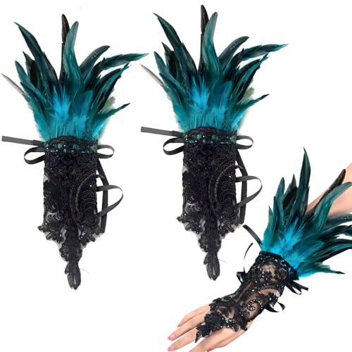 YumSur Damen Schwarz Feder Spitze Fingerlose Handschuhe 20er Jahre mit Federn für Karneval, Hochzeit Halloween Fasching Cosplay Party (pfauenblau,...