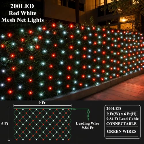 Image of Led Net Lights Christmas Lights Outdoor 200Led 9ftx6ft Upgraded Red and White Christmas Net Lighting, Waterproof 5mm LED Wide Angle Outdoor Indoor Mesh Net Light for Tree, Bushes, Shrubs Decorations