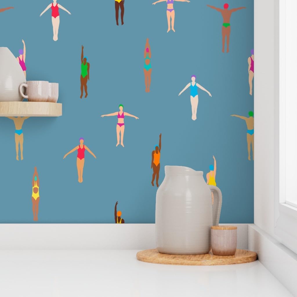 Removable Wallpaper 3ft x 2ft - Swimmers Dusty Blue Water Holiday Sun Summer Tropical Custom Pre-Pasted Wallpaper by Spoonflower