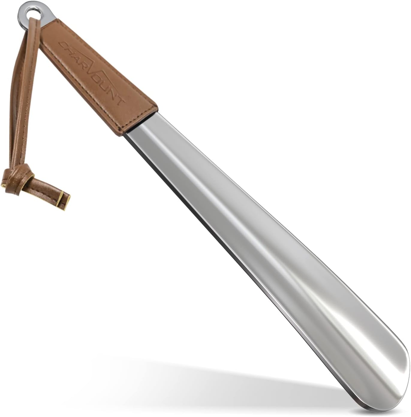 Charmount Metal Shoe Horn - 12 Inch Long Shoe Horns for Senior, Men, Women, Kids, Stainless Steel Shoehorn with Leather Handle (Durable, Upgraded 2mm Thick), Brown