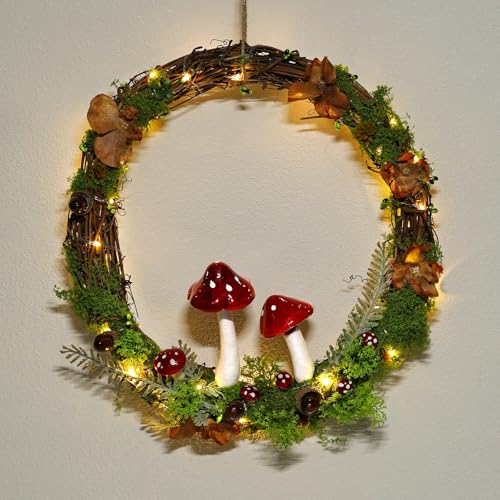 Light Up Cottagecore Decor Mushroom Wreath - 13 Inch Cottage