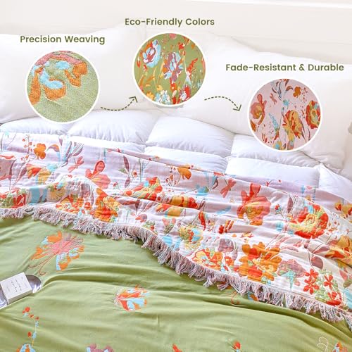 Image of MSGKV Boho Throw Blanket 90 inchx90 inch Fall Cotton Butterfly Floral Blanket