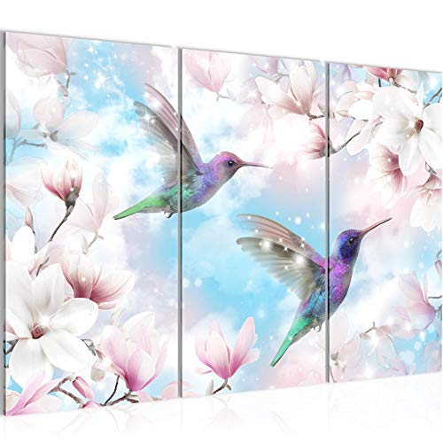 Runa Art Fleurs Magnolia Peinture Tableau Salon XXL Bleu Colibri 120 x 80 cm 3 Parties Decoration Murale 015631b