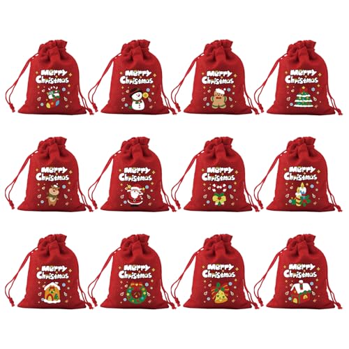 Lvjkes 12 Piezas Bolsa Regalo Navidad, Bolsas Navidad, 10x15cm bolsas de lino con cordón, Patrón Colorido de Dibujos Animados de Navidad, Utilizado Para Envasar Dulces, Snacks, Galleta (Rojo)