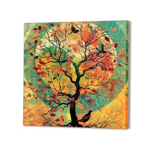Image of PAINTINGMANTRA Sun Tree Birds Stretched Canvas Painting for Living Room | Nature Tree Silhouette Wall Decor Art For Livingroom, Bedroom, Office, Hallways - 16x16 Inch